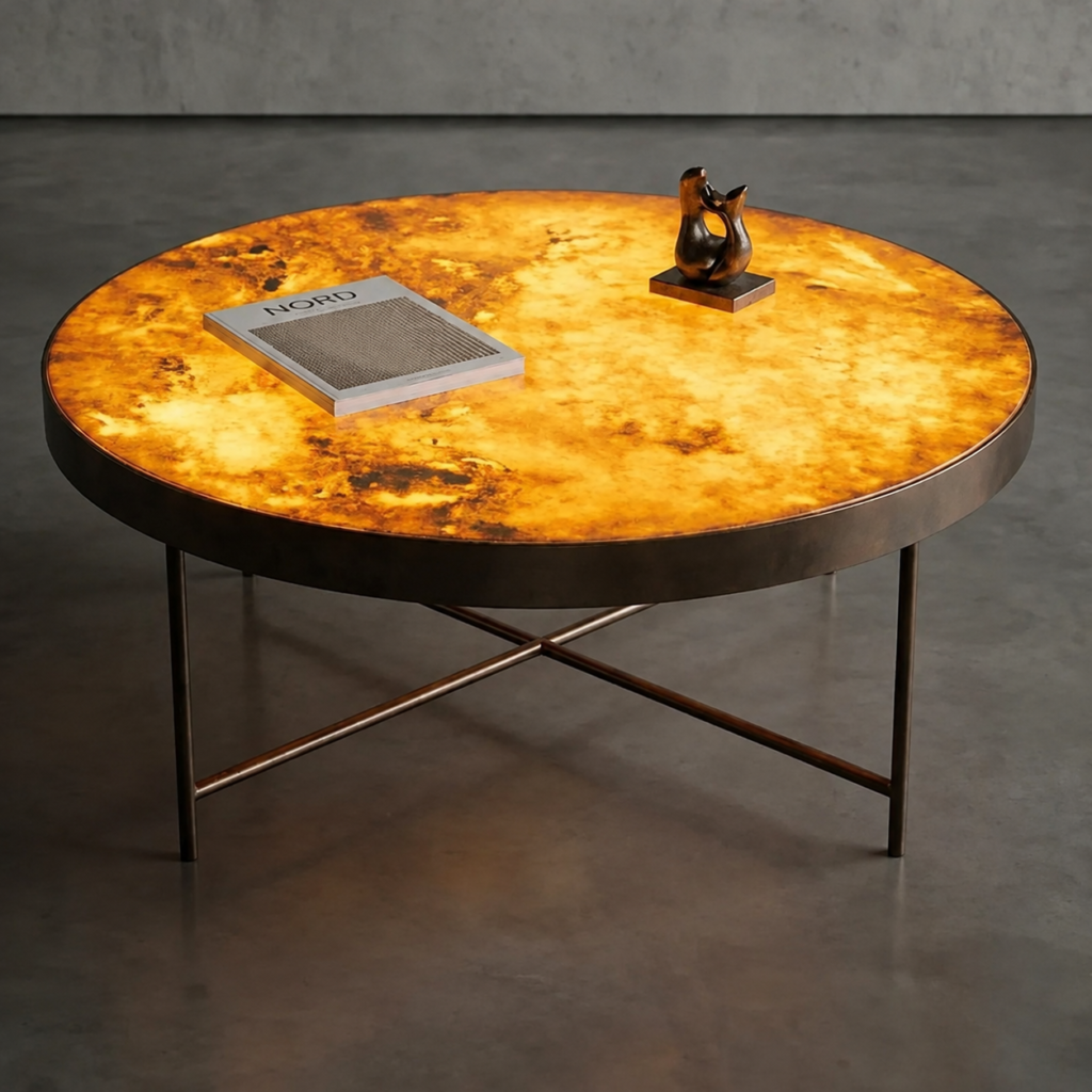 Glowing amber onyx coffee table with LED backlight
